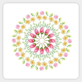 WHITE AND PINK AND YELLOW ROSES WITH GREENERY  WATERCOLOR MANDALA  ROSES Sticker